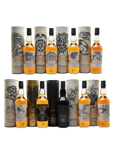 Game Of Thrones Whiskies Set Cardhu, Clynelish, Dalwhinnie, Glendullan, Lagavulin, Mortlach, Oban, Royal Lochnagar & Talisker 9 x 70cl