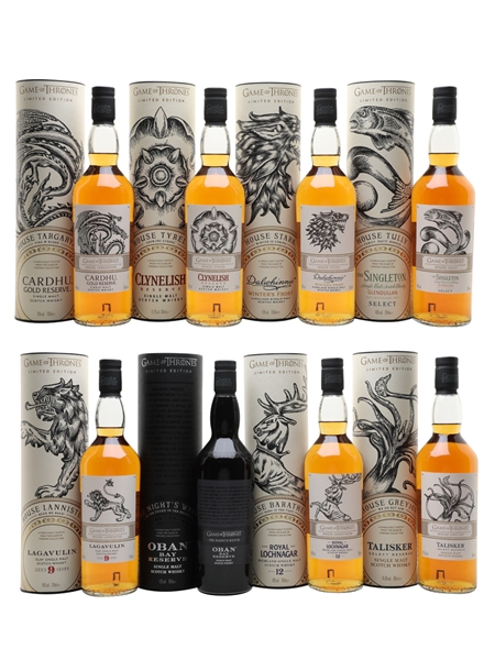 Game Of Thrones Whiskies Set Cardhu, Clynelish, Dalwhinnie, Glendullan, Lagavulin, Oban, Royal Lochnagar & Talisker 8 x 70cl