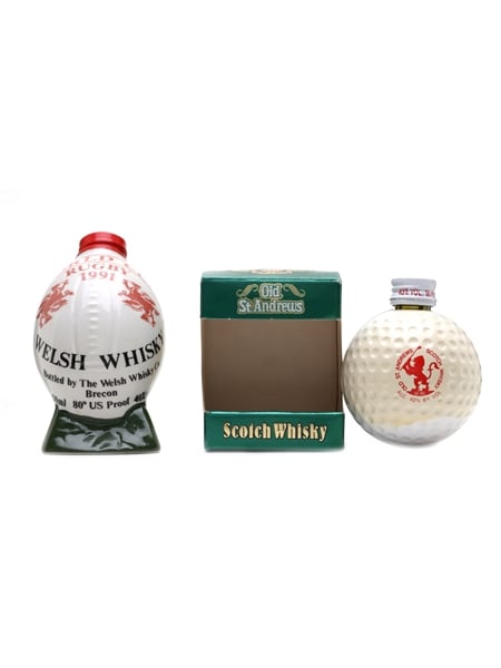 Rugby Ball & Golf Ball Miniatures Welsh Whisky & Old St Andrews 2 x 5cl