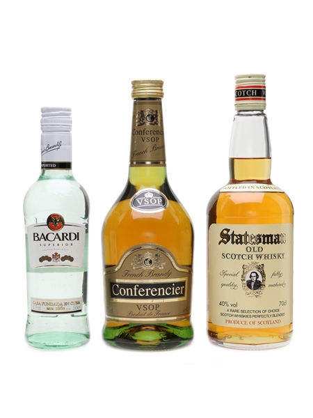 Whisky, Brandy & Rum Statesman, Conferencier, Bacardi 2 x 70cl, 35cl