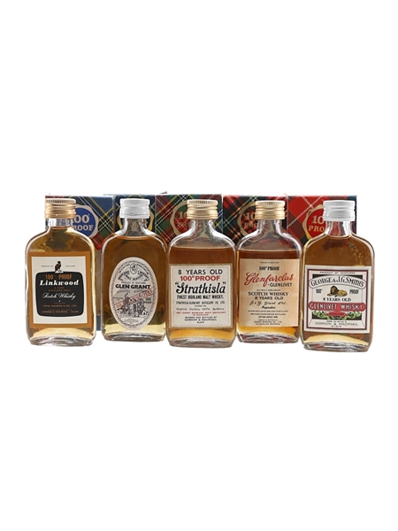 Linkwood 100 Proof, Strathisla 100 Proof, Glenlivet 8 Year Old 100 Proof, Glenfarclas 8 Year Old 100 Proof & Glen Grant 10 Year Old 100 Proof Bottled 1960s-1970s - Gordon & MacPhail 5 x 5cl / 57%