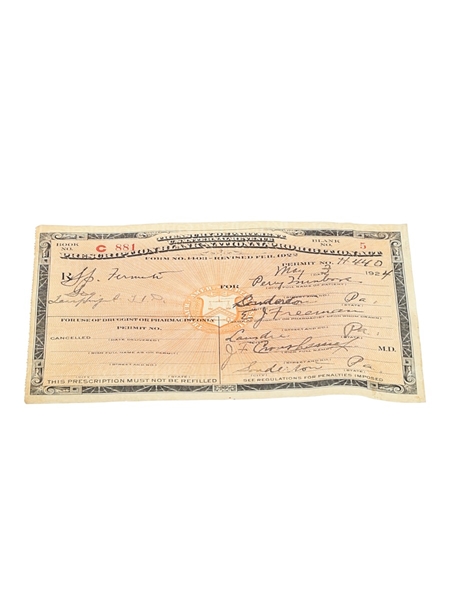 Prohibition Medicinal Liquor Prescription, Dated 1924  