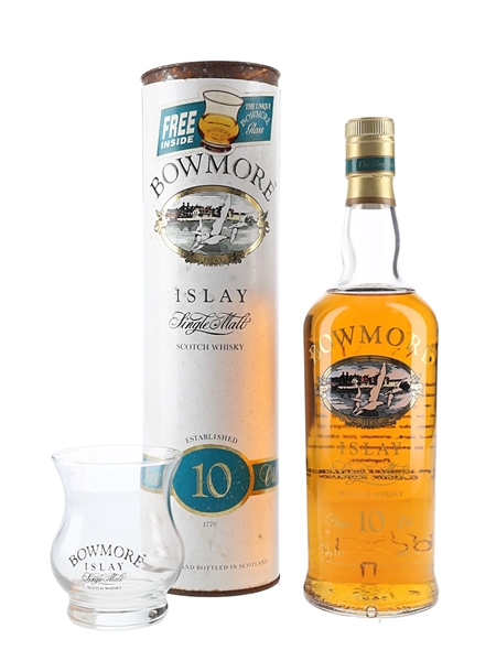 Bowmore 10 Year Old & Whisky Glass Bottled 1980s - Screen Printed Label 70cl / 40%