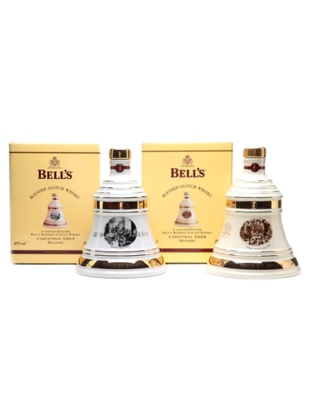 Bell's Christmas 2005 & 2008 Ceramic Decanters  2 x 70cl