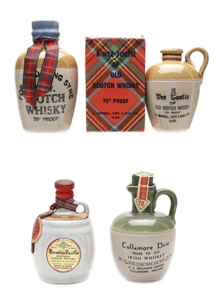 Assorted Whisky Ceramics Tullamore, Queen's Castle, Auld Lang Syne, Wee Tootie 4 x 5cl / 40%