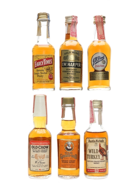 Assorted Kentucky Bourbon Whiskey Early Times, IW Harper, Old Grand Dad, Old Crow, JW Dant, Wild Turkey 6 x 4cl-5cl