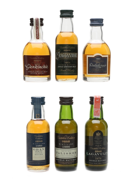 Classic Malts Distillers Edition Set Talisker 1986, Lagavulin 1979, Dalwhinnie 1980, Cragganmore 1984, Glenkinchie 1986, Oban 1980 6 x 5cl