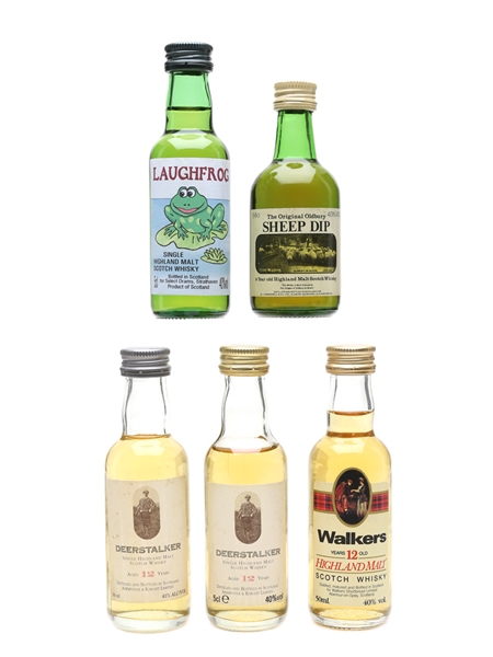 Assorted Highland Malt Scotch Whisky Deerstalker, Laughfrog, Walkers & Sheep Dip 5 x 5cl