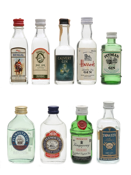 Assorted Gin Bengal, Bombay, Calvert, Harrods, Pitman 9 x 4.68cl-5cl