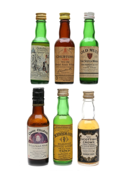 Assorted Blended Scotch Whisky Bottled 1960s-1970s - Cadenhead's, Churtons, Old Mull, Queen Elizabeth 6 x 3.7cl-5cl