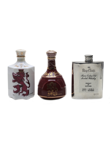 King Of Scots 17 Year Old & 25 Year Old Ceramic Decanters & Hip Flask 2 x 5cl