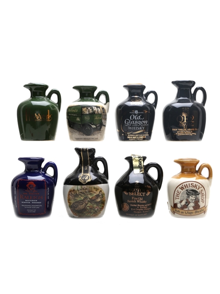 Assorted Whisky Ceramic Jugs Harrods, Old Glasgow, Select Scotch & QE2 8 x 4.7cl-5cl