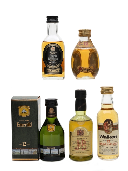 Assorted Blended Scotch Whisky Black & White, Cutty Sark, Dimple, J & B Reserve, Walkers 5 x 5cl