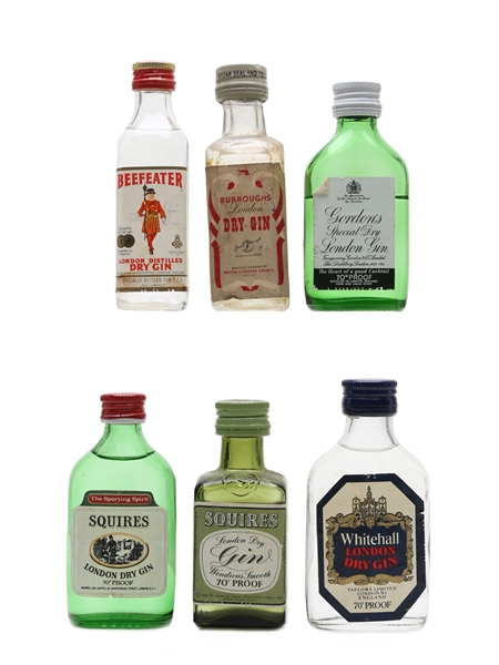 Assorted Gin Bottled 1950s-1970s - Beefeater, Burrough's, Gordon's, Squires, Whitehall 6 x 5cl