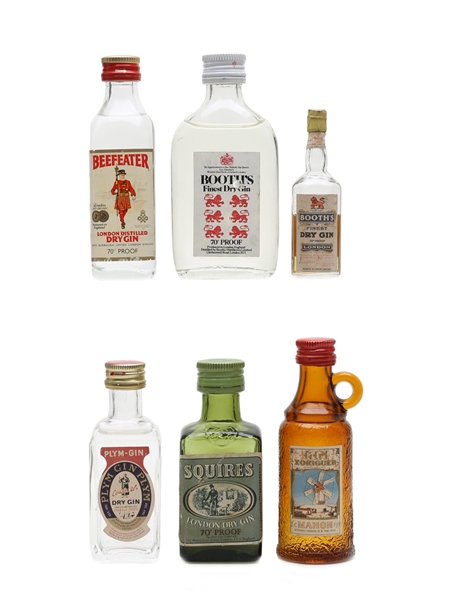 Assorted Gin Including Booth's 1956, Beefeater, Squires, Plym-Gin, Mahon 6 x 1cl-5cl