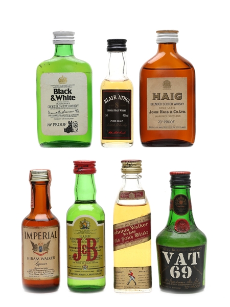 Assorted Whisky Black & White, Blair Athol, Haig, Imperial, J & B, Johnnie Walker, Vat 69 7 x 3cl-5cl / 40%