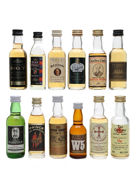 Assorted Blended Scotch Whisky Big T, Black Prince, Dice, Old Barrister, Prince, Tax Collector & W5 12 x 3.9cl-5cl