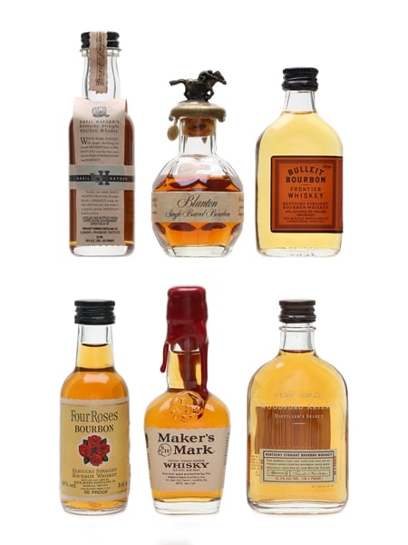 Assorted Bourbon Whiskey Basil Hayden's, Blanton's, Bulleit, Four Roses, Maker's Mark, Woodford Reserve 6 x 5cl