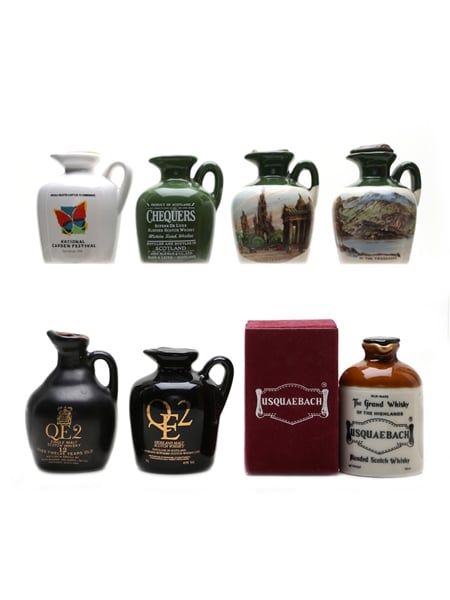 Assorted Ceramic Decanters Bowmore, Chequers, Glen Fiona, QE2 & Usquaebach 7 x 4.7cl-5cl