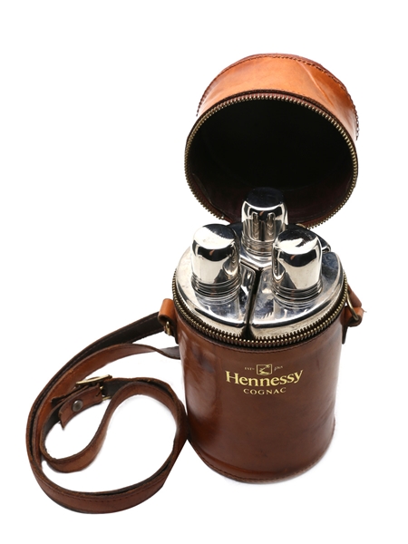 Hennessy Cognac Triple Flask Hunting Set Leather Carry Case 