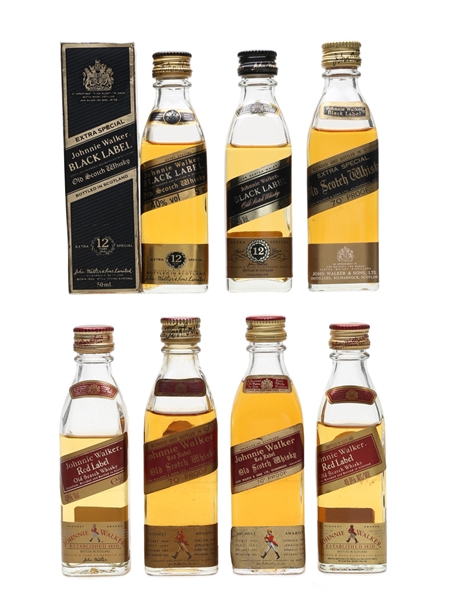 Johnnie Walker Black & Red Label Bottled 1970s & 1980s 7 x 5cl / 40%