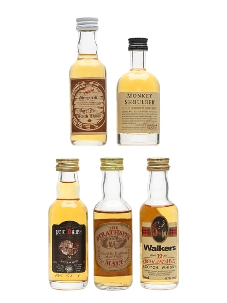 Assorted Blended Malts Glengarrett, Monkey Shoulder, Poit Dhubh, Strathspey, Walkers 5 x 4.7cl-5cl