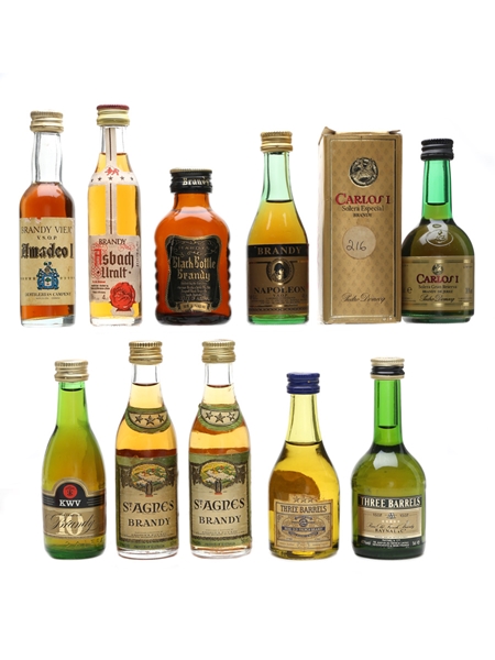 Assorted Brandy From Around The World Asbach, Amadeo, Carlos I, Hardys, KWV, St Agnes & Three Barrels 10 x 3cl-5cl