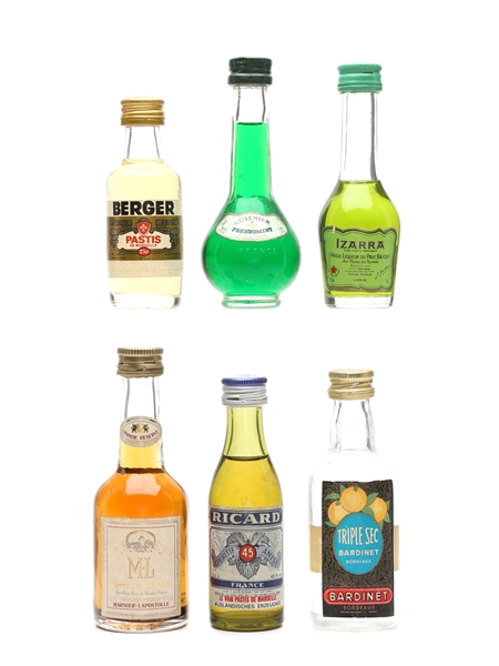 Assorted French Liqueurs Bardinet, Berger, Cusenier, Izarra, Marnier Lapostolle & Ricard 6 x 2.5cl-5cl