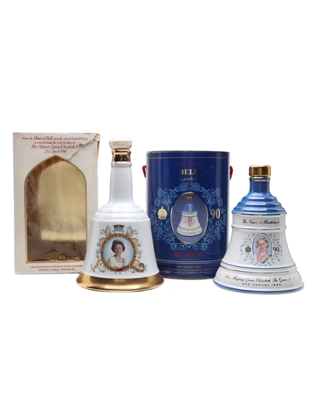 Bell's Ceramic Decanters Queen Elizabeth 60th & Queen Mother 90th 2 x 75cl / 43%