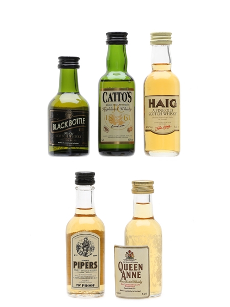 Assorted Blended Scotch Whisky Black Bottle, Queen Anne, Pipers, Haig, Catto's 5 x 5cl / 40%