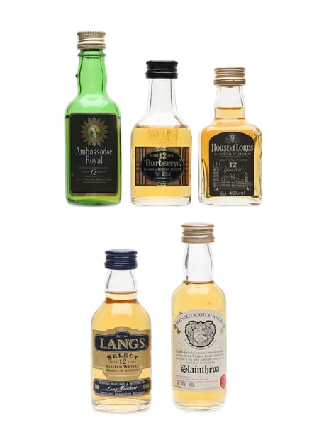 Assorted 12 Year Old Blended Scotch Whisky Ambassador Royal, Burberrys, House of Lords, Langs & Slaintheva 5 x 5cl