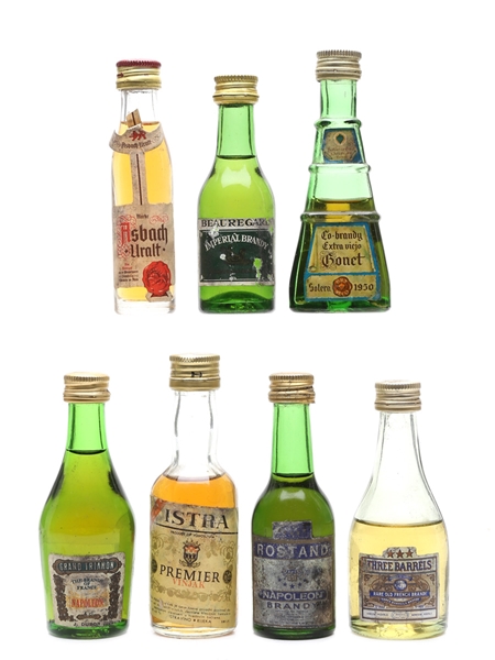 Assorted Brandy Asbach, Bonet, Beauregard, Dubor, Istra, Rostand, Three Barrels 7 x 3cl-5cl