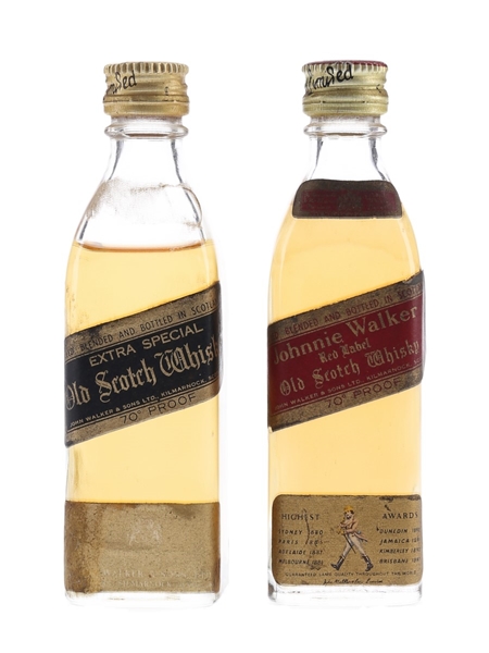 Johnnie Walker Black & Red Label Bottled 1970s 2 x 5cl / 40%