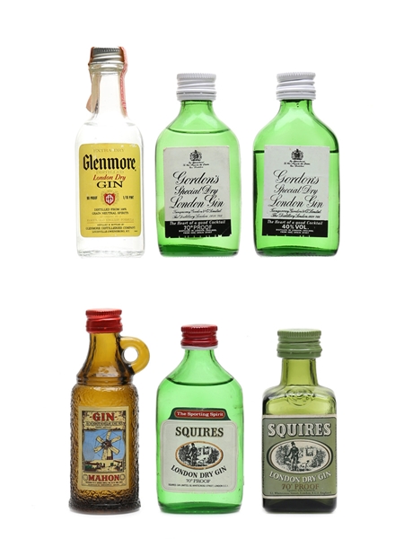 Assorted Gin Bottled 1970s - Glenmore, Gordon's, Mahon & Squires 6 x 4.2cl-5cl