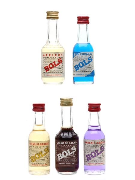 Bols Liqueurs Apricot, Creme De Bananes, Blue Curacao, Creme De Cacao & Parfait Amour 5 x 3.5cl