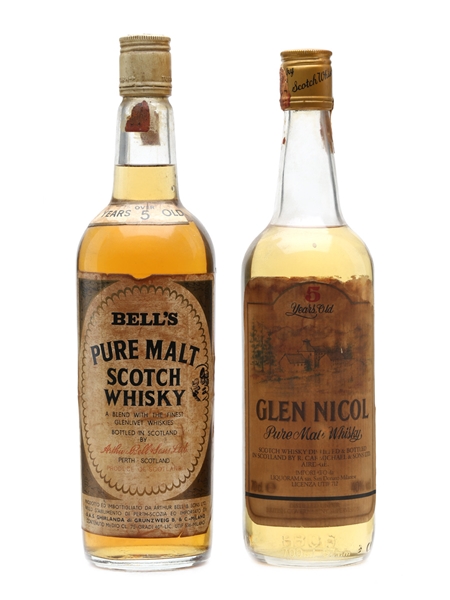 Bell's Pure Malt & Glen Nicol  Pure Malt 5 Years Old Bottled 1970 80s / 75cl & 70cl