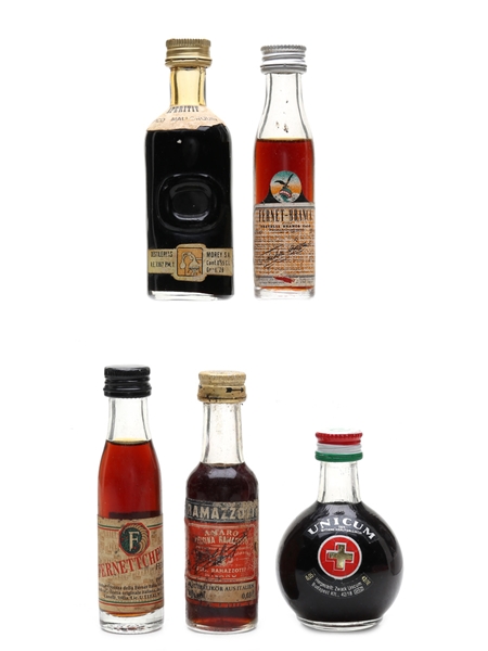 Assorted Bitter Liqueurs Aperitif, Fernettchen, Fernet-Branca, Ramazzotti & Unicum 5 x 2-5.5cl