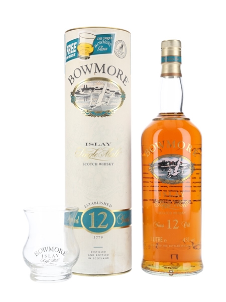 Bowmore 12 Year Old Bottled 1990s - Free Bowmore Glass 100cl / 43%