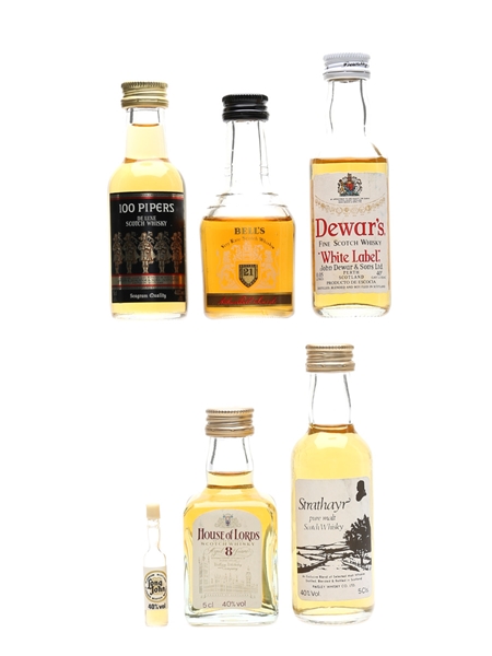 Assorted Blended Scotch Whisky Bell's, Dewar's, House Of Lords, 100 Pipers, Long John & Strathayr 6 x 1cl-5cl / 40%