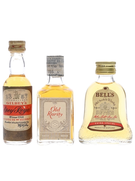 Bell's, Gilbey's & Old Rarity Bottled 1970s 3 x 3.9cl-5cl