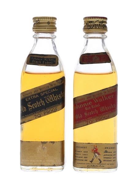 Johnnie Walker Black & Red Label Bottled 1970s 2 x 5cl / 40%