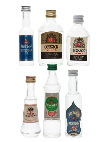 Assorted Vodka Borodin, Cossack, Keglevich, Rogoschin & Rushkin 6 x 3cl-5cl