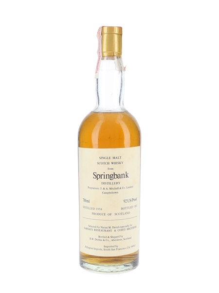 Springbank 1958 Bottled 1983 - Narsai's Restaurant & Corti Brothers - Signed Bottle 75cl / 46%