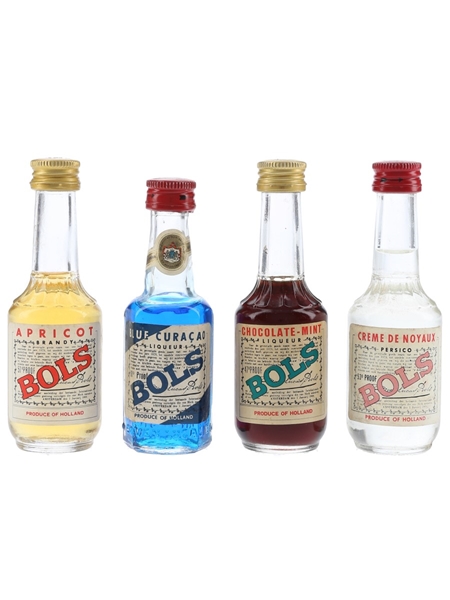 Assorted Bols Liqueur Apricot, Blue Curacao, Chocolate Mint & Creme De Noyaux 4 x 3cl-5cl