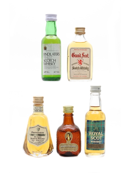 Assorted Blended Scotch Whisky Findlater's, Grand Scot, President, Robbie Burns & Royal Scot 5 x 4.7cl-5cl