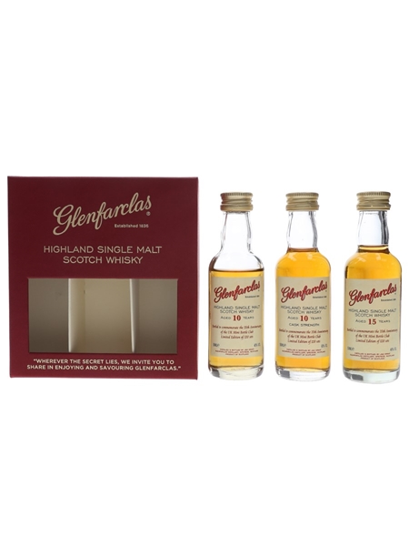 Glenfarclas Cask Strength, 10 & 15 Year Old UK Mini Bottle Club 35th Anniversary 3 x 5cl