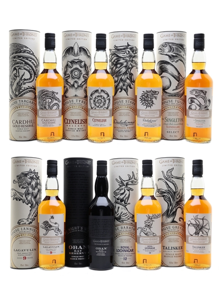 Game Of Thrones Whiskies Set Cardhu, Clynelish, Dalwhinnie, Glendullan, Lagavulin, Oban, Royal Lochnagar, Talisker 8 x 70cl