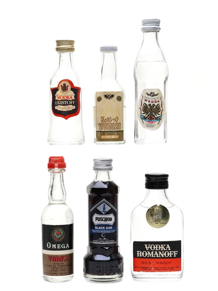 Assorted Vodka From Around The World Lucas D Tsotras, Martini & Rossi, Moryoskoff, Puschkin, Romanoff, Sorel 6 x 3cl-5cl