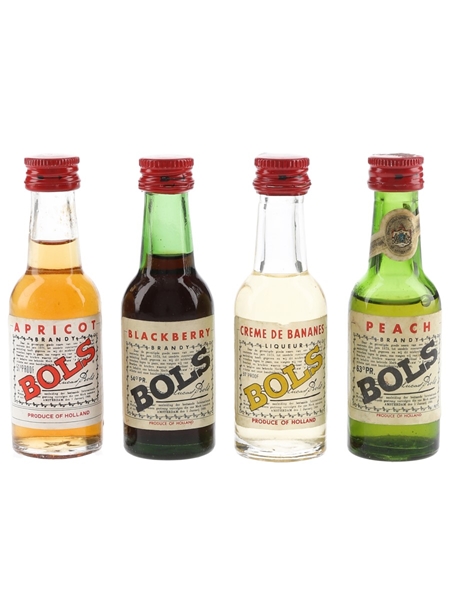 Bols Apricot, Blackberry, Creme de Bananes, Peach Bottled 1960s-1970s 4 x 5cl