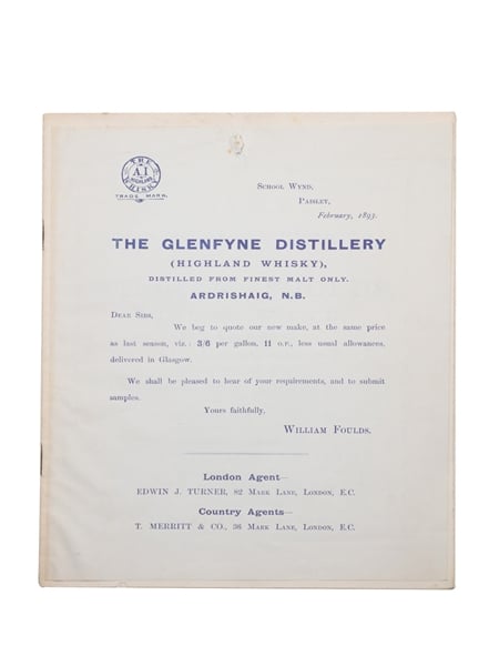 William Foulds List Of Old Scotch Whiskies, February 1893 Wholesale Price List 